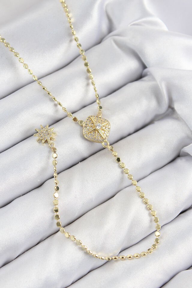 Pirinç Zirkon Taşlı Ezme Zincirli Madalyon Model Gold Renk Y Kolye