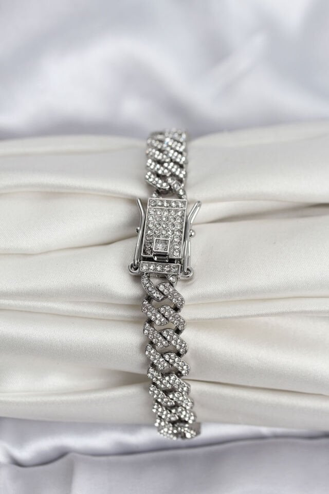 Gümüş Renk Pirinç Cuba Chain Gurmet Bileklik