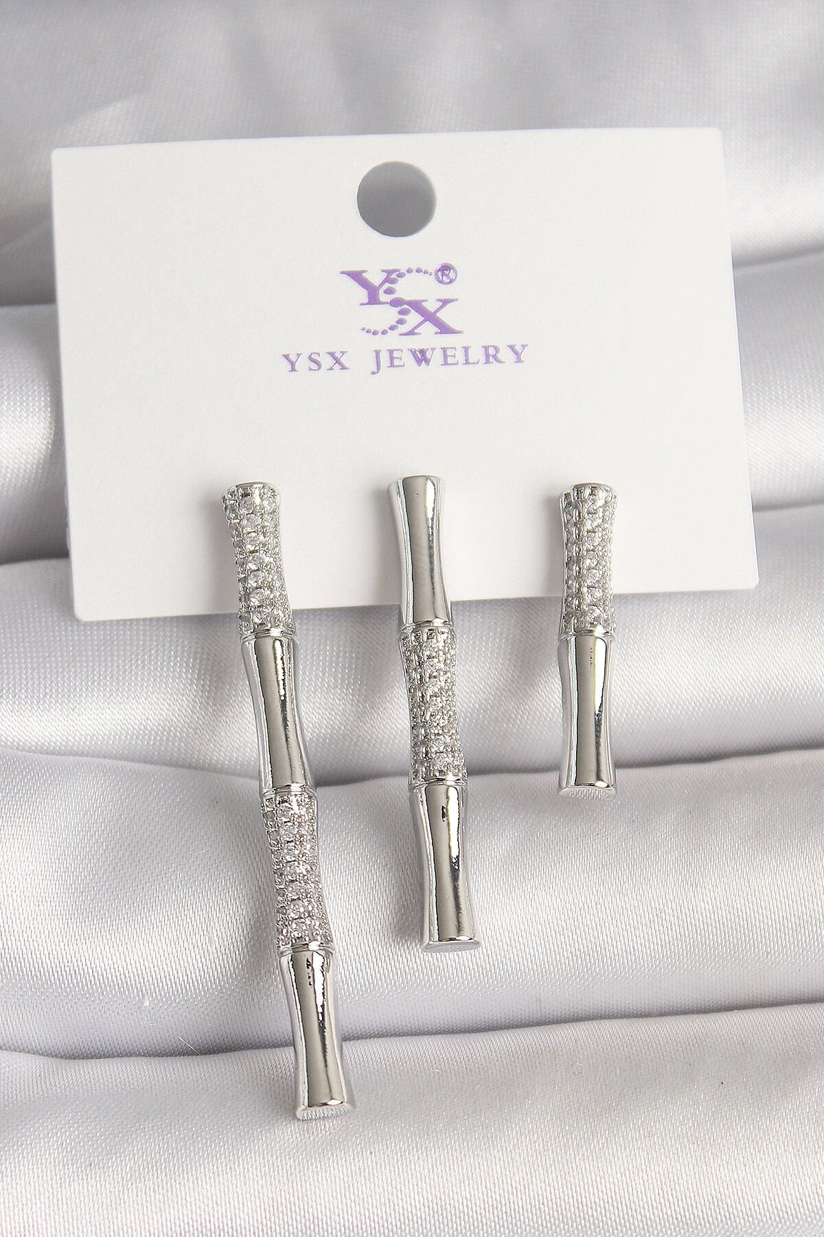 Pirinç Gümüş Renk Zirkon Taşlı Bambu Model 3'Lü Kadın Kombin Küpe