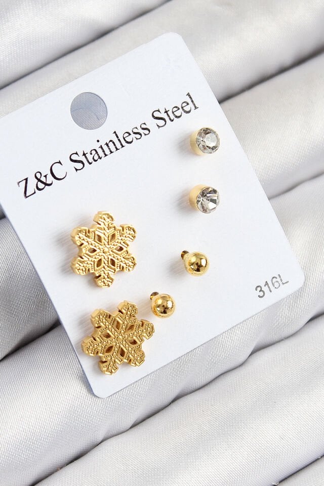 316L Çelik Zirkon Taşlı Kar Tanesi Model Gold Renk Kadın Set Küpe