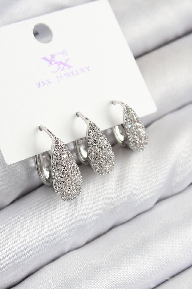 Pirinç Zirkon Taşlı 3'lü Damla Model Gümüş Renk Kadın Küpe