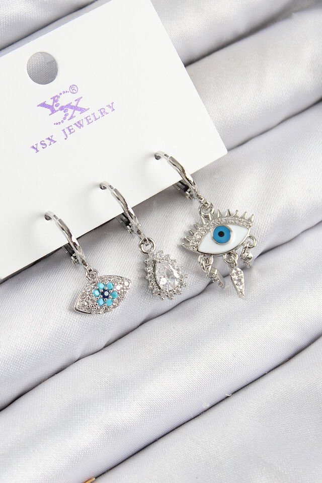 Pirinç Zirkon Taşlı 3'lü Fatma'nın Gözü Model Gümüş Renk Kadın Küpe