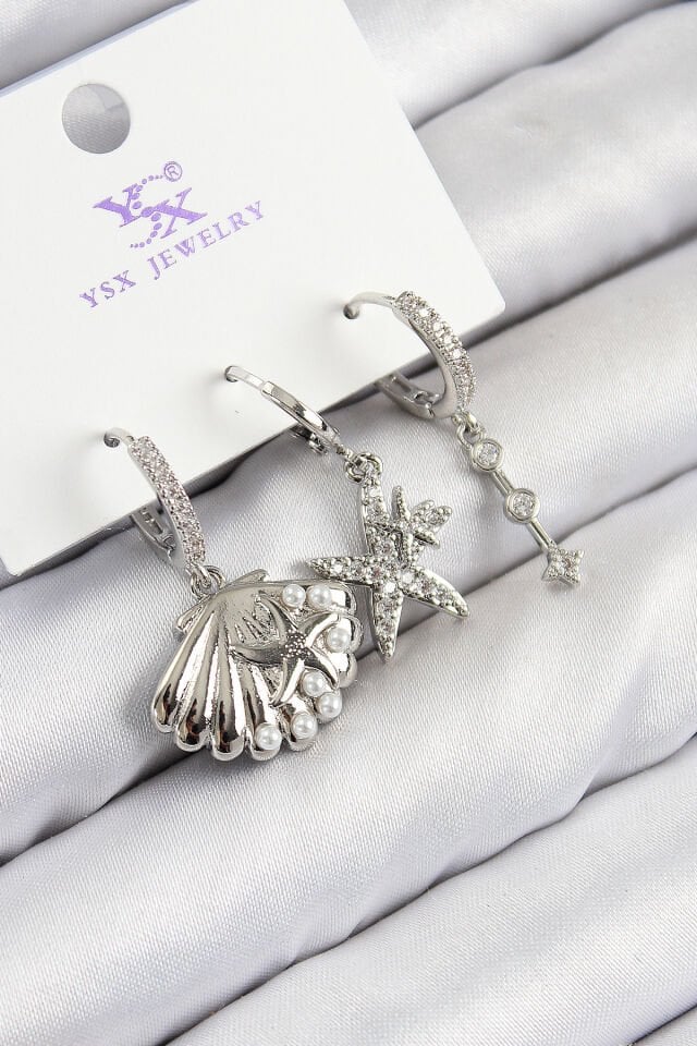 Pirinç Zirkon Taşlı 3'lü Yıldız Ve İstiridye Model Gümüş Renk Kadın Küpe