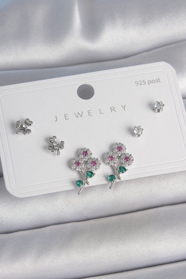 Pirinç Gümüş Renk Renkli Zirkon Taşlı Çiçek Model Yaprak Detay 925 Ayar Gümüş Çivi Kadın Küpe Seti