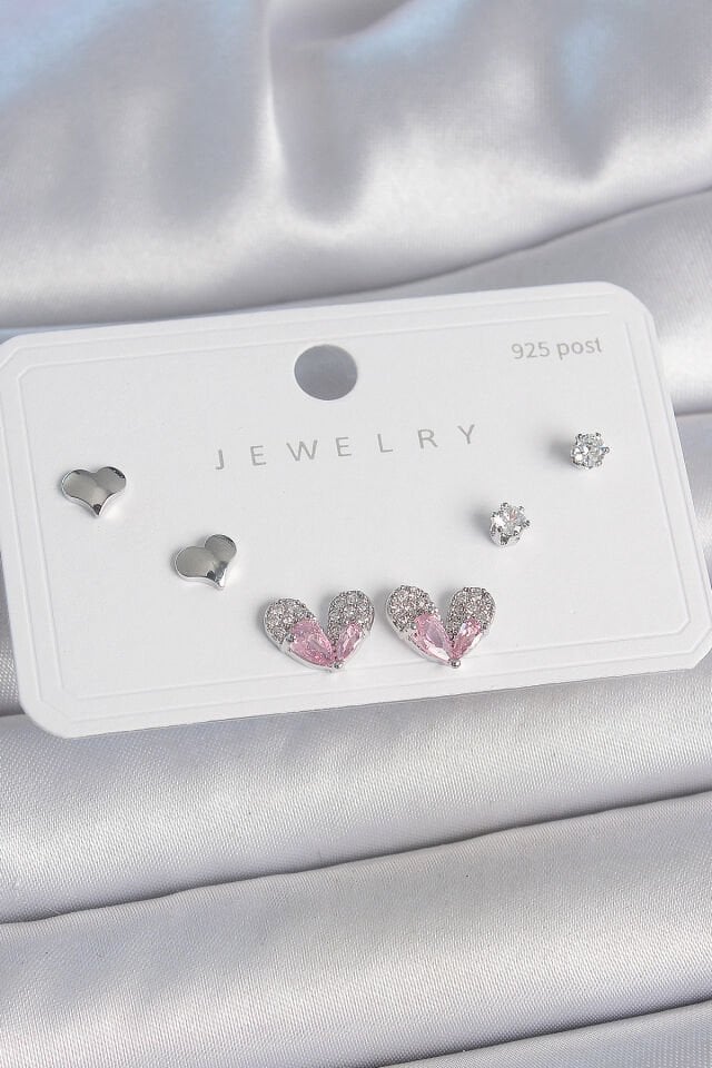 Pirinç Gümüş Renk Pembe Zirkon Taşlı Kalp Model 925 Ayar Gümüş Çivi Kadın Küpe Seti