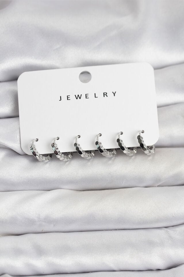 Gümüş Renk Pirinç Minimal Petek Detaylı Kadın Küpe Seti