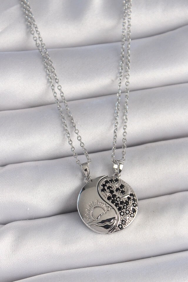 316L Çelik Gümüş Renk Zincir Zirkon Taşlı Ying Yang Model Gün Batımı İşlemeli Arakdaşlık Kadın Kolye