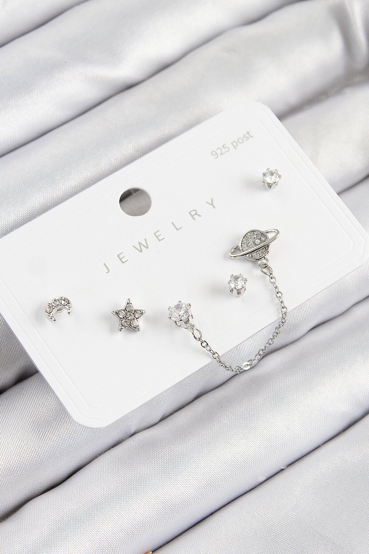 Pirinç Zirkon Taşlı Yıldız Ve Gezegen Model Gümüş Renk 925 Ayar Gümüş Çivi Kadın Küpe Set