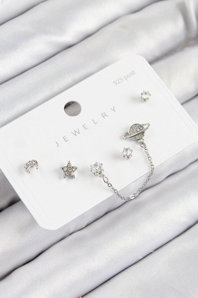 Pirinç Zirkon Taşlı Yıldız Ve Gezegen Model Gümüş Renk 925 Ayar Gümüş Çivi Kadın Küpe Set