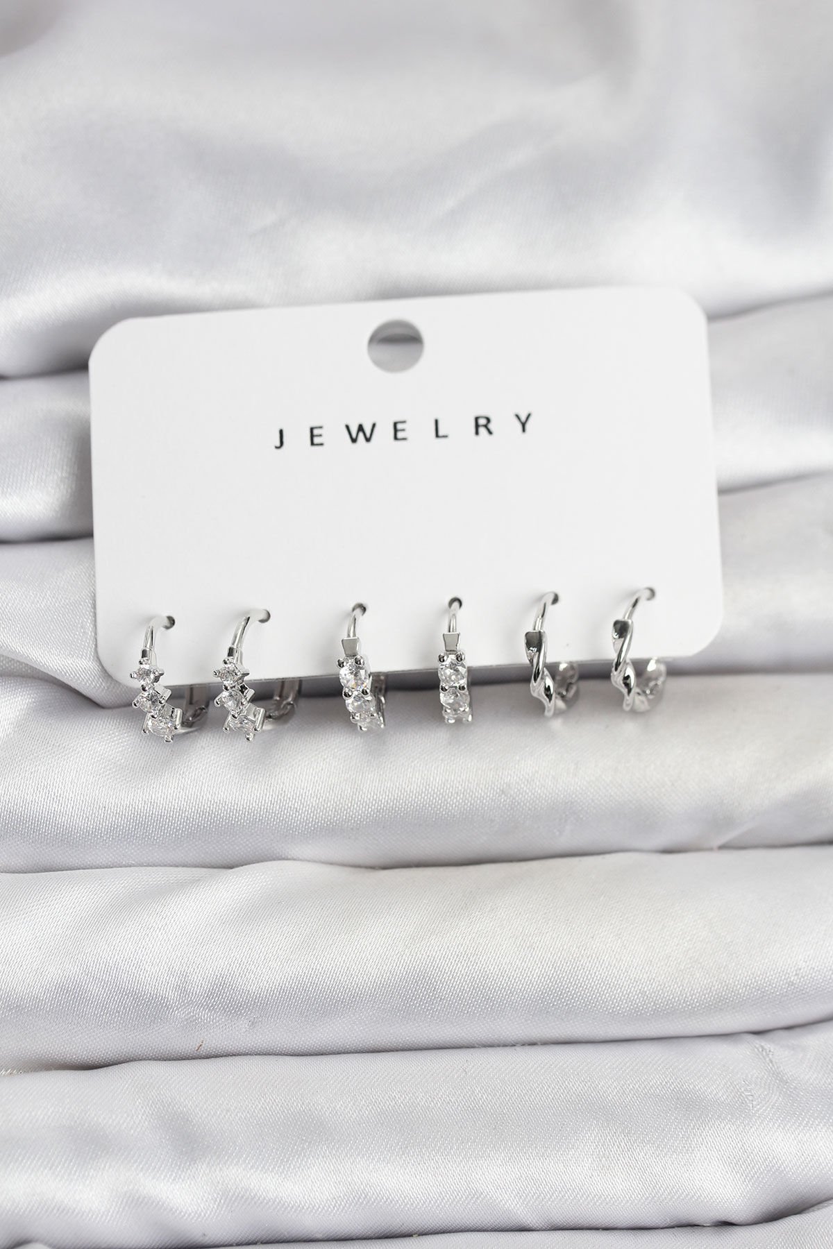 Pirinç Gümüş Renk Zirkon Taşlı Kadın Küpe Seti