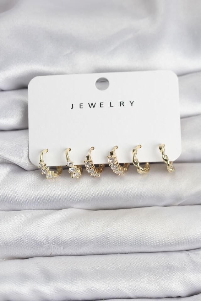 Pirinç Gold Renk Zirkon Taşlı Kadın Küpe Seti