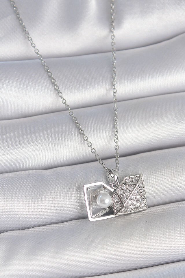 316L Çelik Gümüş Renk Zincir Zirkon Taşlı İncili Açılır Elmas Model Kadın Kolye