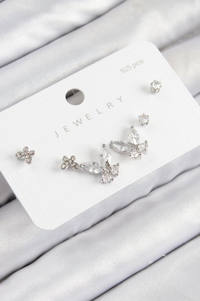 Pirinç Zirkon Taşlı Kelebek Model Gümüş Renk 925 Ayar Gümüş Çivi Kadın Küpe Set