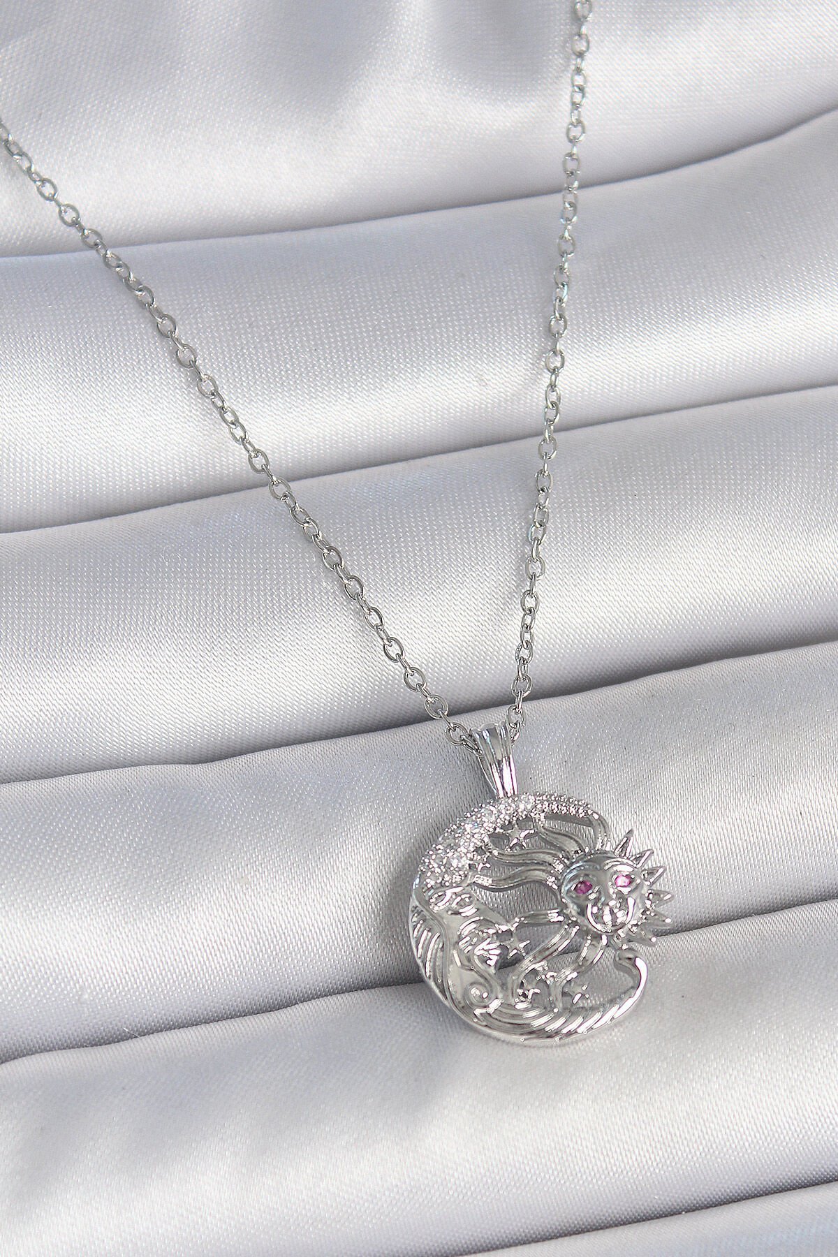 316L Çelik Gümüş Renk Zincir Ay Güneş Model Zirkon Taş Detay Kadın Kolye