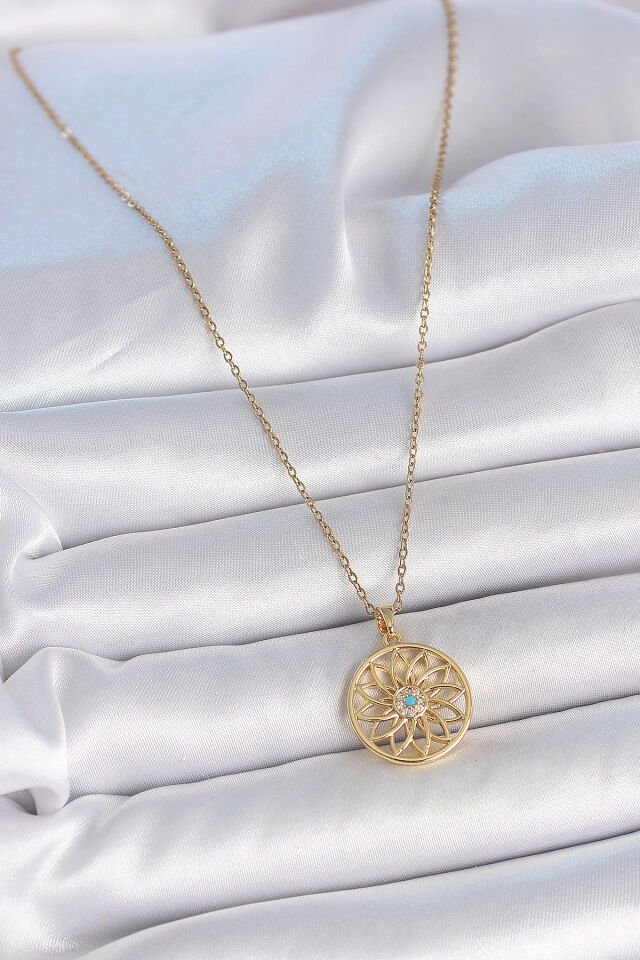 316L Çelik Gold Renk Zincr Mavi Taşlı Lotus Model Kadın Kolye