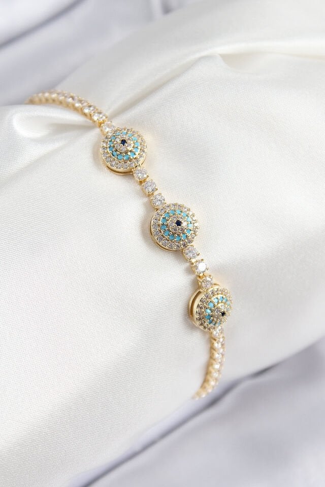 Pirinç Zirkon Taşlı Nazar Model Gold Renk Kadın Bileklik