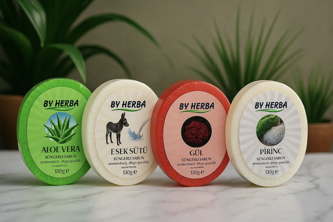 By Herba Doğal Süngerli Sabun 4'lü Paket(Eşek Sütlü,Pirinç,Gül Ve Aleo Vera)