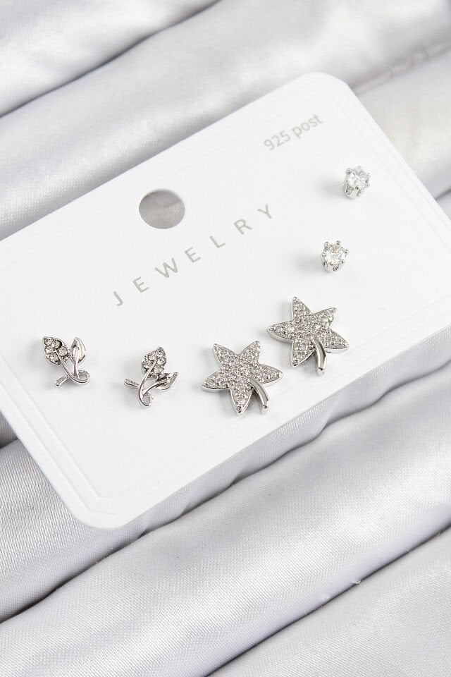 Pirinç Zirkon Taşlı Yıldız Ve Gül Model Gümüş Renk 925 Ayar Gümüş Çivi Kadın Küpe Set