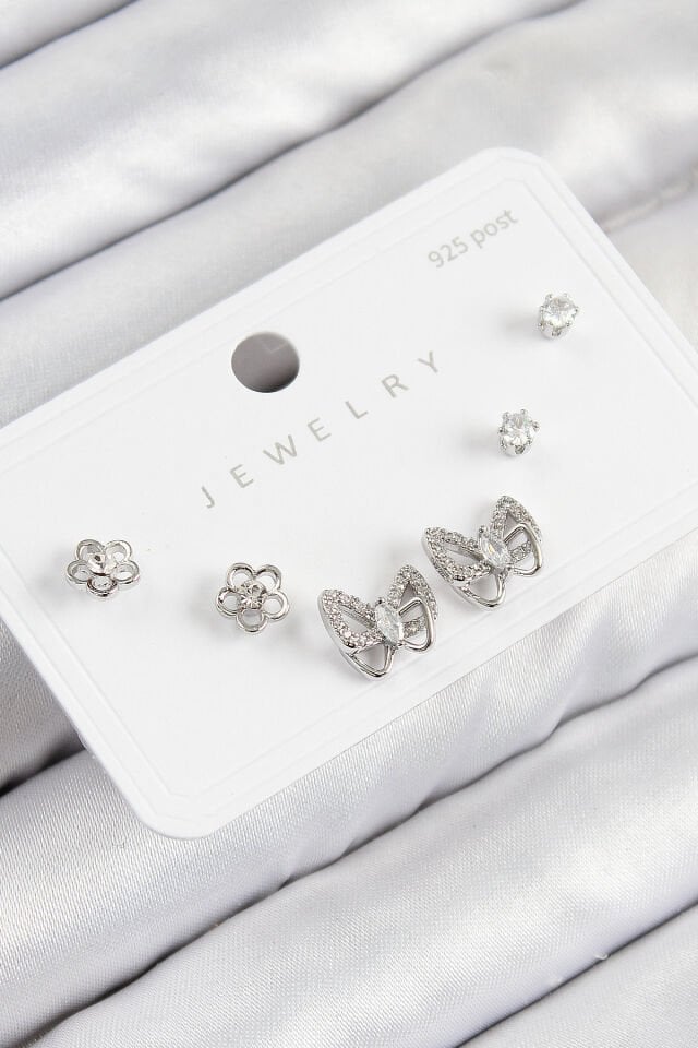 Pirinç Zirkon Taşlı Kelebek Model Gümüş Renk 925 Ayar Gümüş Çivi Kadın Küpe Set