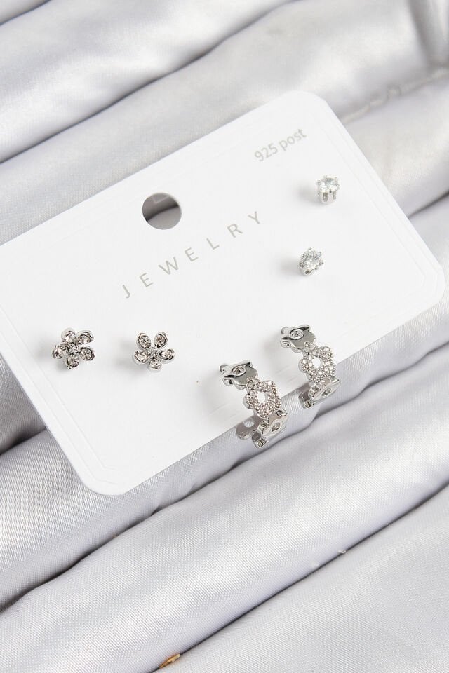 Pirinç Zirkon Taşlı Halka Model Gümüş Renk 925 Ayar Gümüş Çivi Kadın Küpe Set