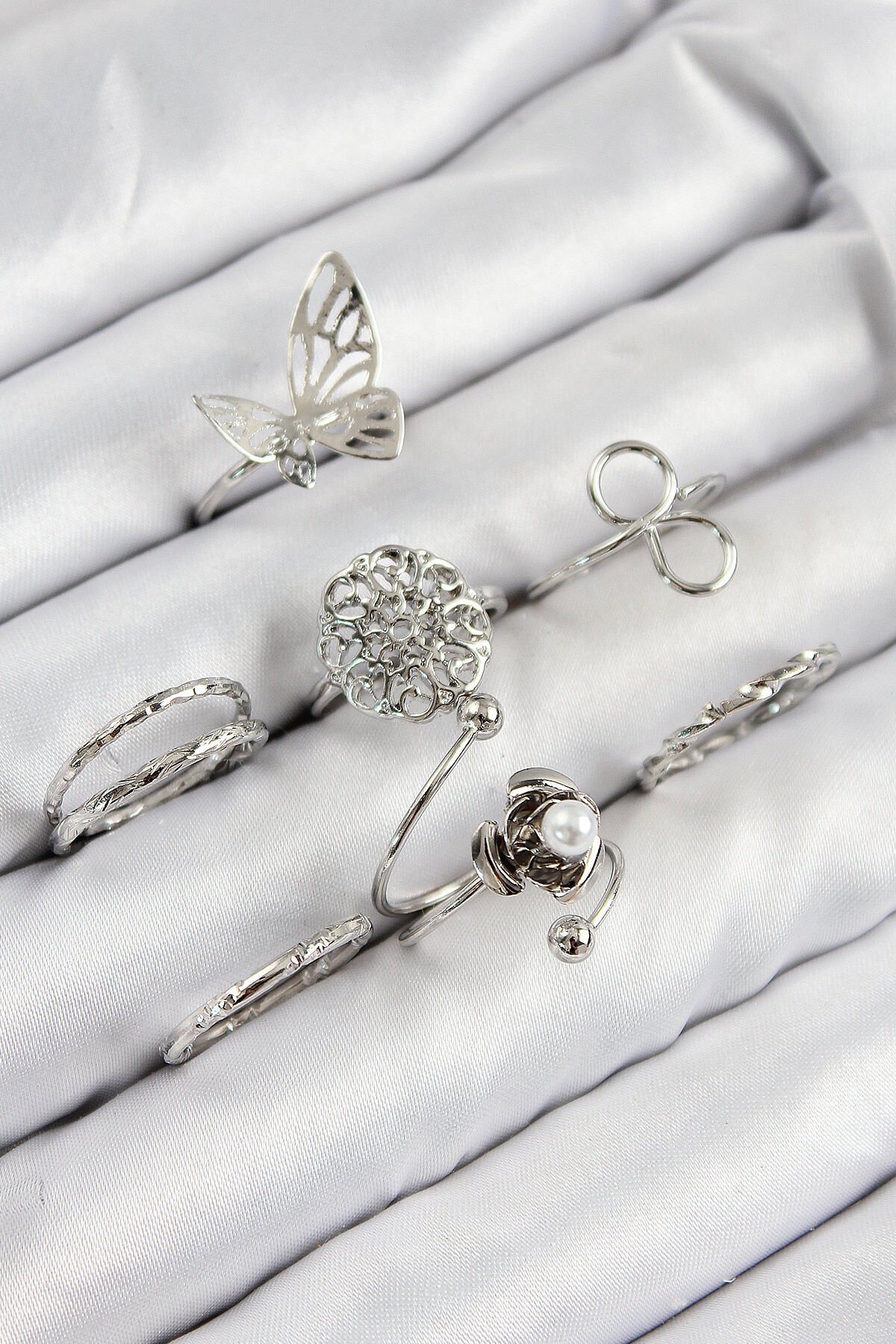 Pirinç Gül Kelebek Model Gümüş Renk Kadın Yüzük Kombin Set