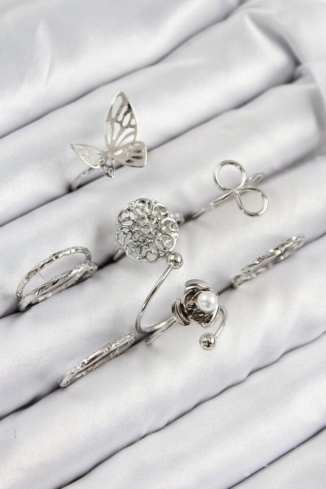 Pirinç Gül Kelebek Model Gümüş Renk Kadın Yüzük Kombin Set