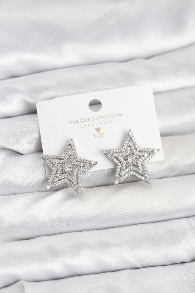 Gümüş Renk Pirinç Zirkon Taşlı Yıldız Model Kadın Küpe