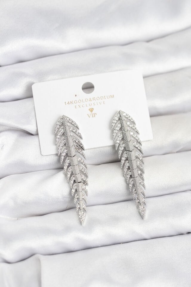 Pirinç Gümüş Renk Balık Sırtı Model Zirkon Taşlı Kadın Küpe