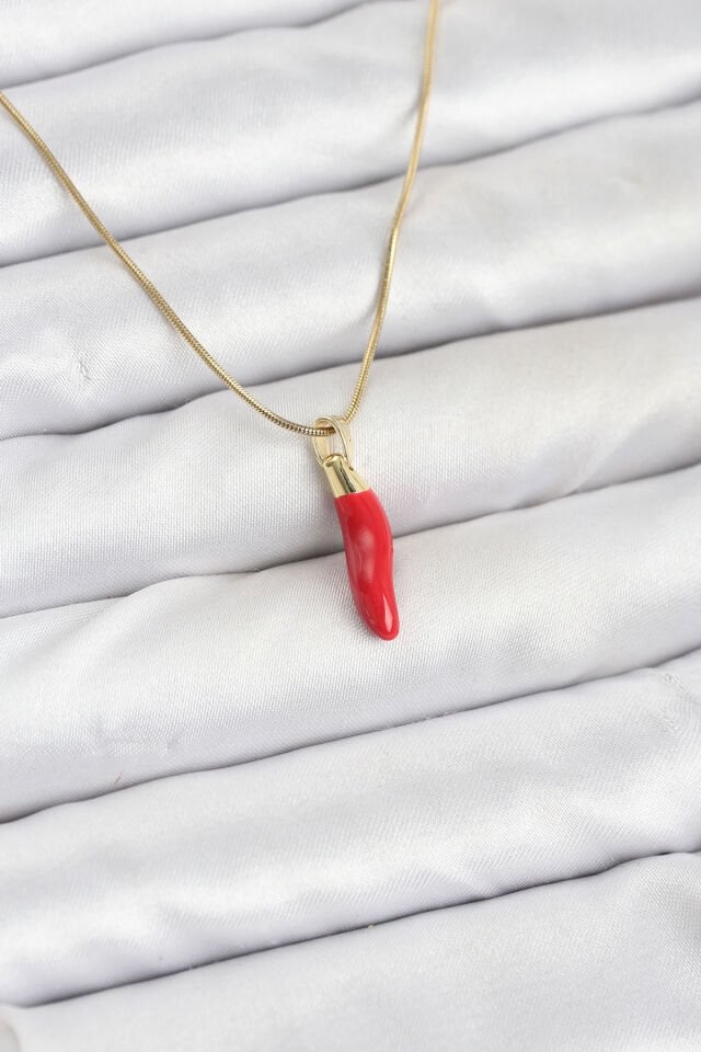 316L Çelik Gold Renk Kapya Kırmızı Biber Model Kadın Kolye