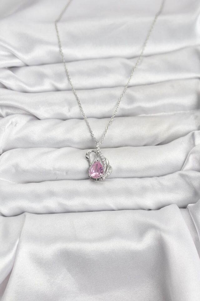 316L Çelik Zincir Gümüş Renk Pembe Kuğu Model Zirkon Taşlı Kadın Kolye