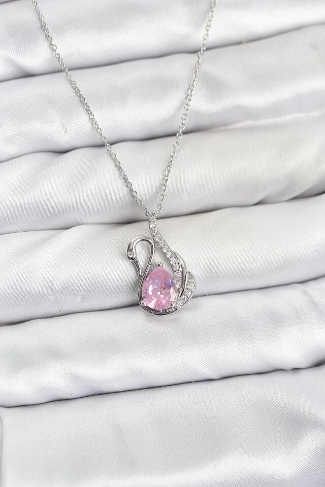 316L Çelik Zincir Gümüş Renk Pembe Kuğu Model Zirkon Taşlı Kadın Kolye