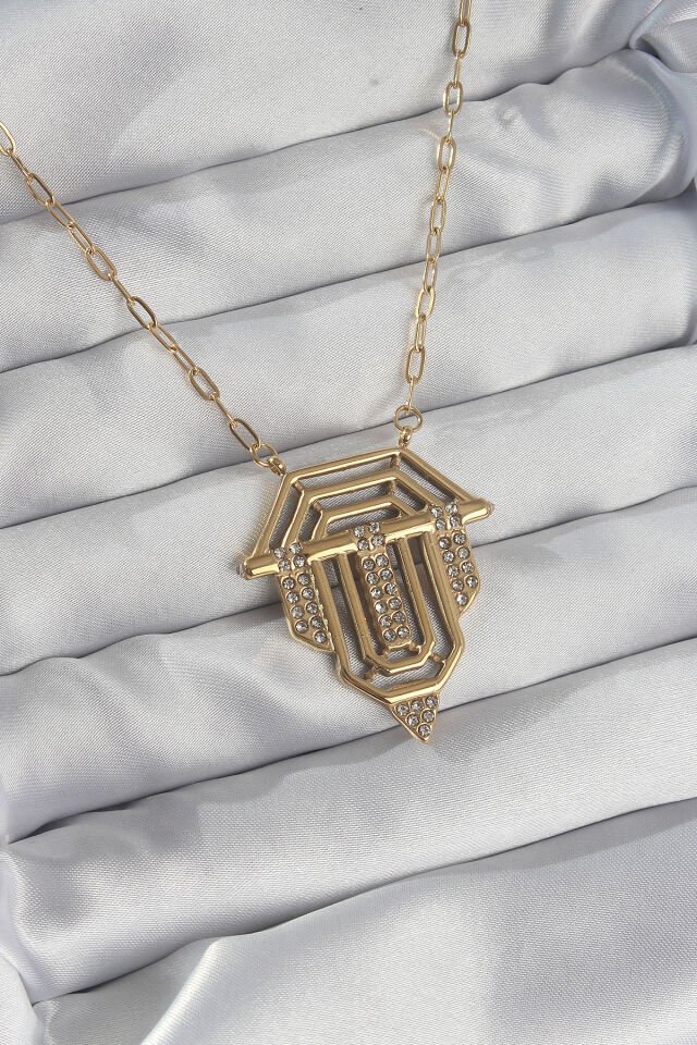 316L Çelik Zincir Gold Renk Zirkon Taşlı Serenay Kolyesi