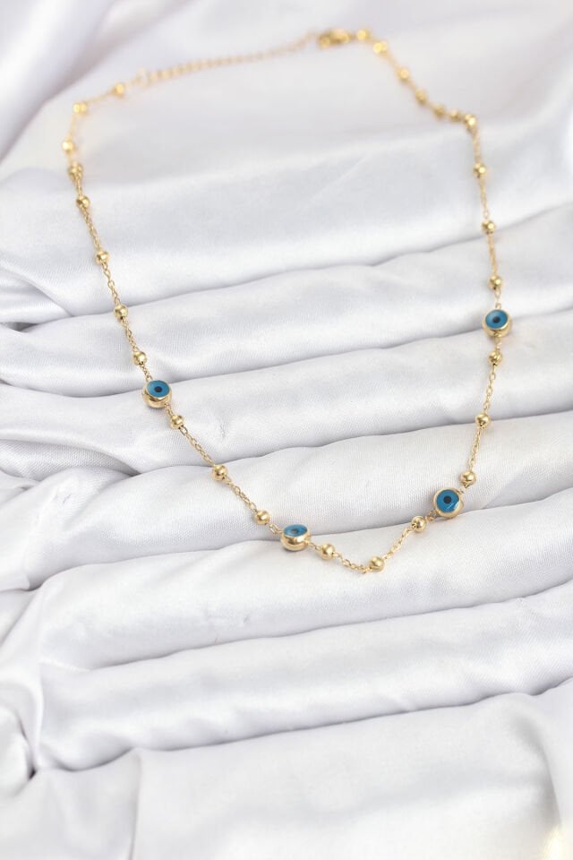 316L Çelik Gold Renk Nazarlı ve Topçuklu Model Kadın Kolye