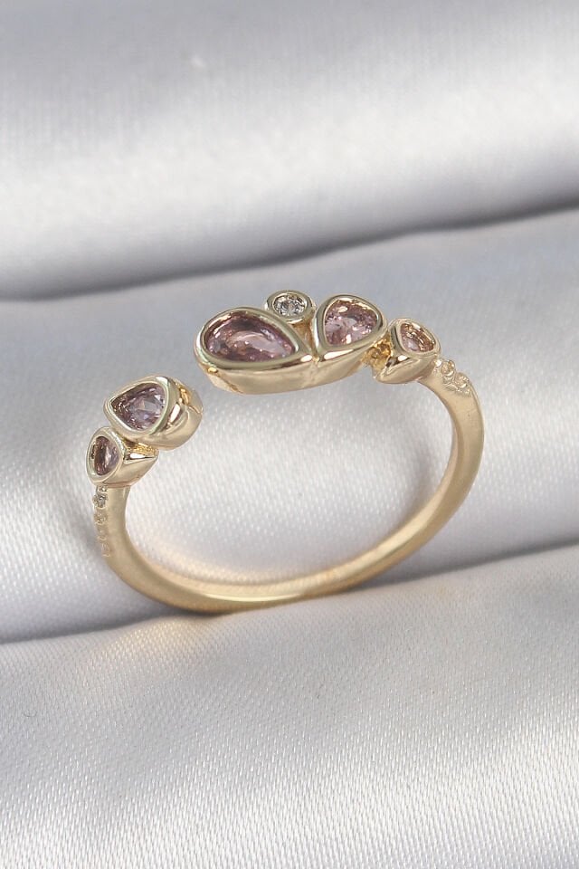 Pirinç Gold Renk Pembe Damla Zirkon Taşlı Ayarlanabilir Kadın Yüzük