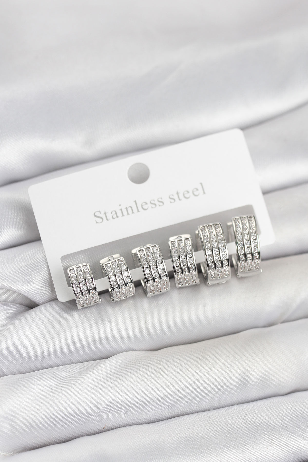 316L Çelik Zirkon Taşlı Gümüş Renk Halka Küpe Seti