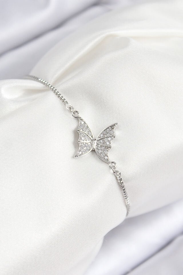 Pirinç Zirkon Taşlı Kelebek Model Gümüş Renk Asansörlü Kadın Bileklik