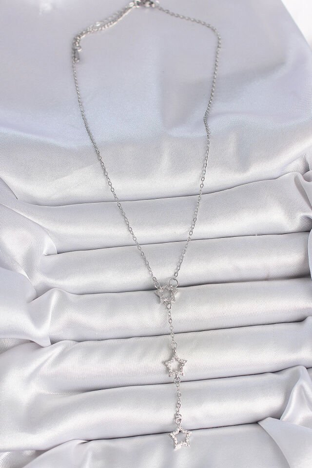 316L Çelik Gümüş Renk Zincir Zirkon Taşlı Yıldız Y Model Kadın Kolye