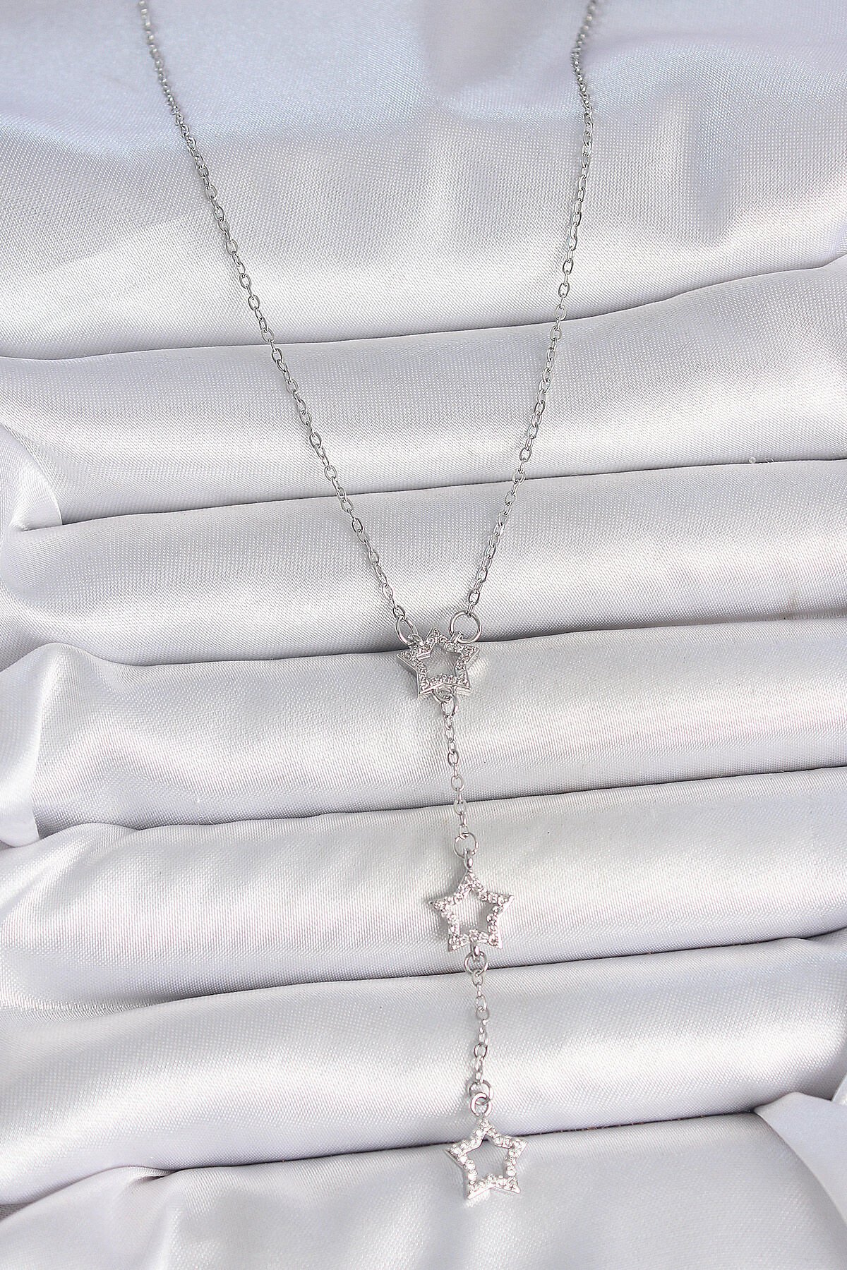 316L Çelik Gümüş Renk Zincir Zirkon Taşlı Yıldız Y Model Kadın Kolye