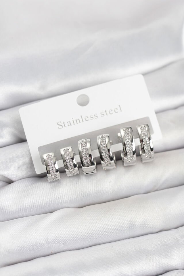 316L Çelik Gümüş Renk Zirkon Taşlı Halka Küpe Seti