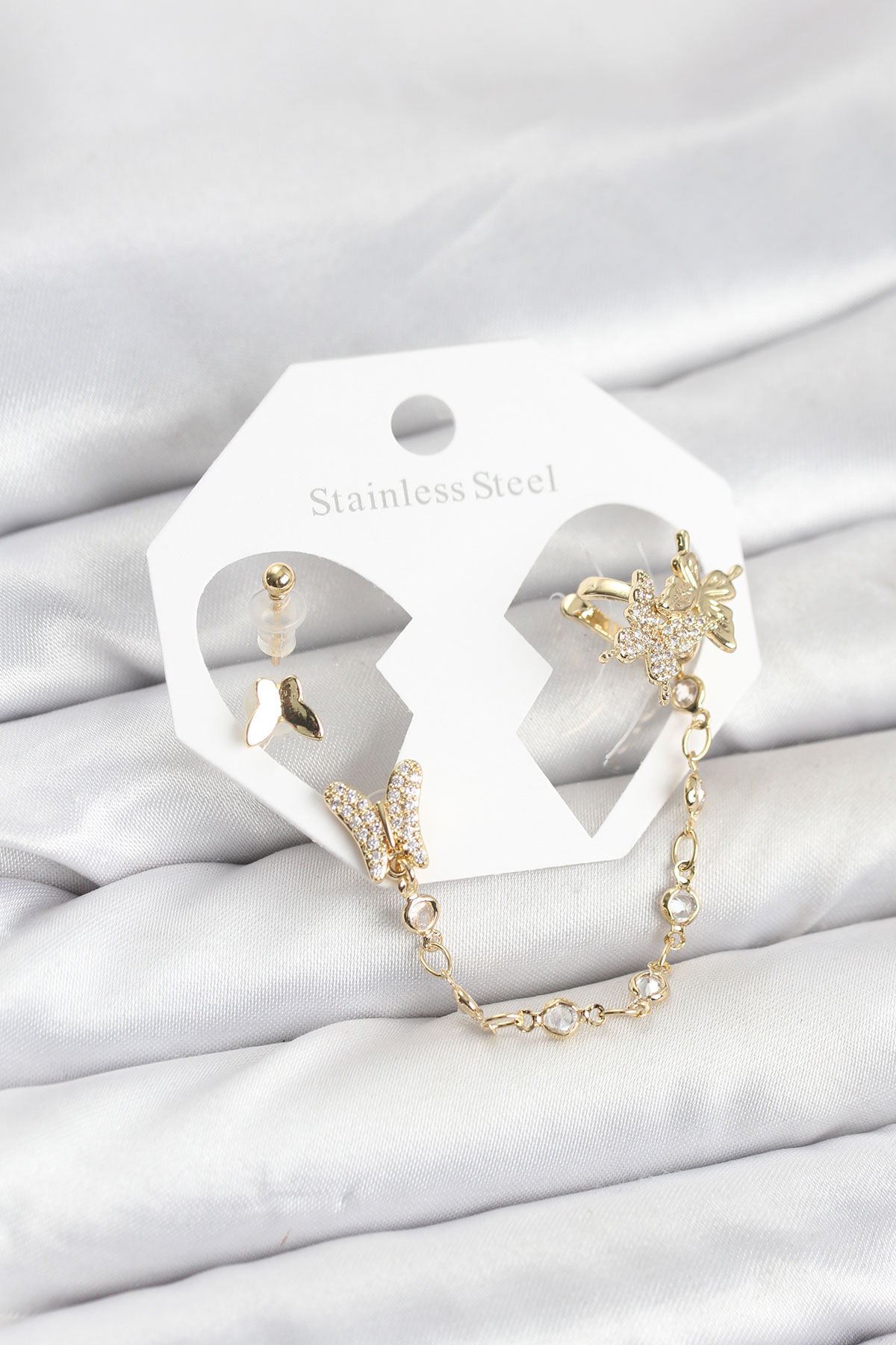 Pirinç Gold Renk Kelebek Model Zincir Bağlantılı Ear Cuff Küpe Seti
