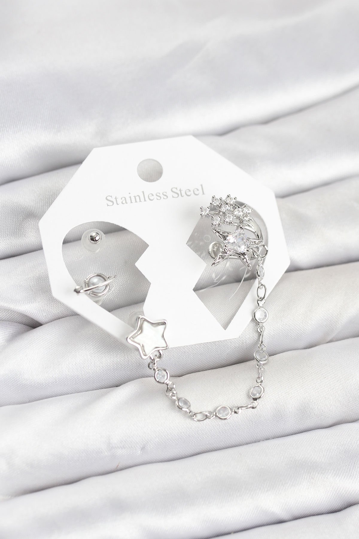 Pirinç Gümüş Renk Yıldız Model Zincir Bağlantılı Ear Cuff Küpe Seti