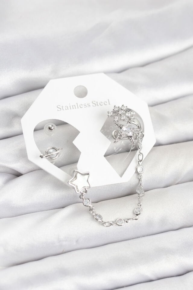 Pirinç Gümüş Renk Yıldız Model Zincir Bağlantılı Ear Cuff Küpe Seti