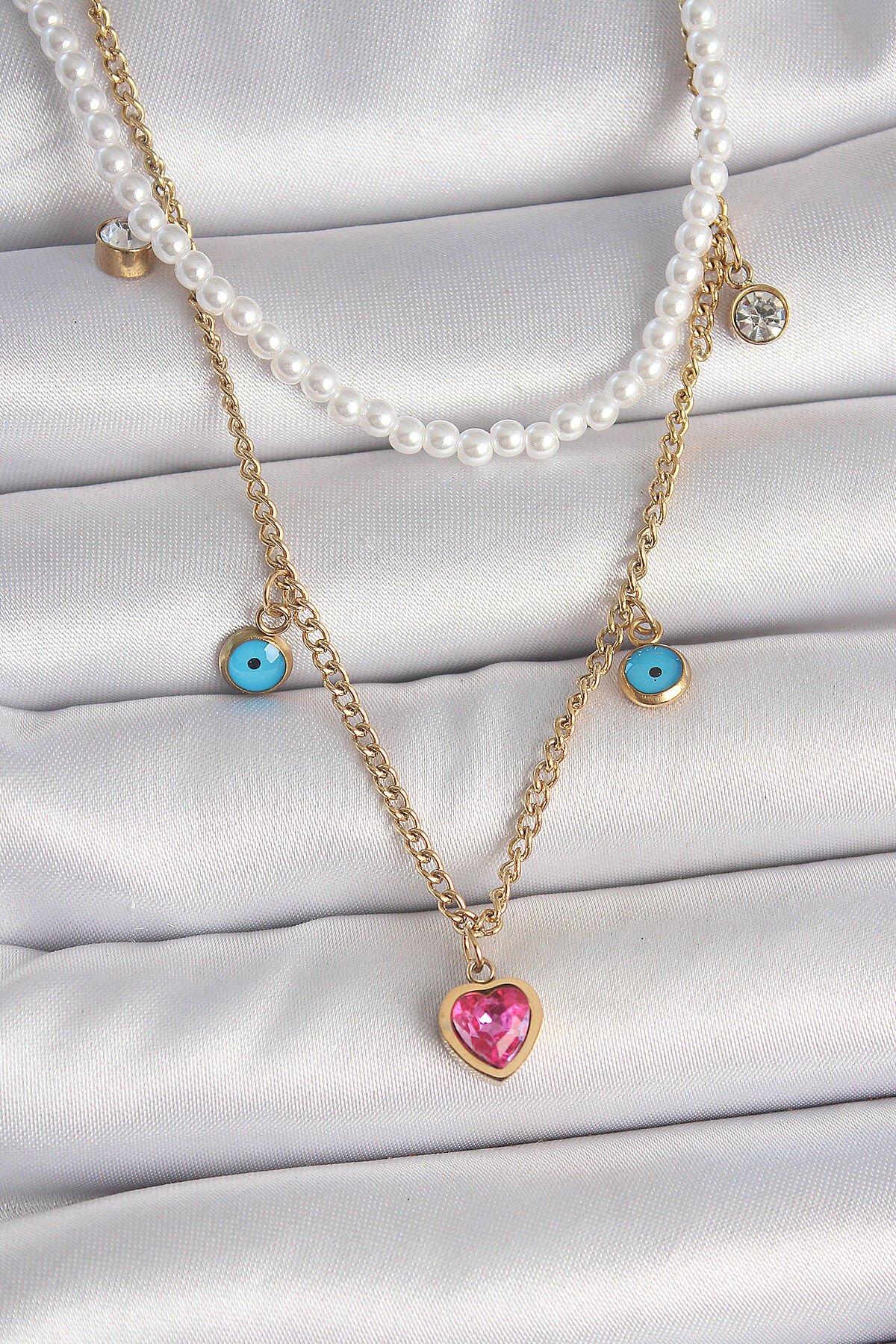 316L Çelik Gold Renk 2'Li İnci Zincir Model Pembe Taşlı Kalp Figür Nazar Boncuk Detay Kadın Kolye