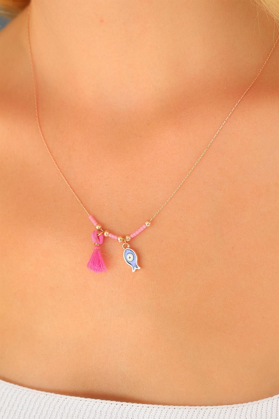 Nazar Boncuklu Pembe Renk Taşlı Rose Bayan Kolye