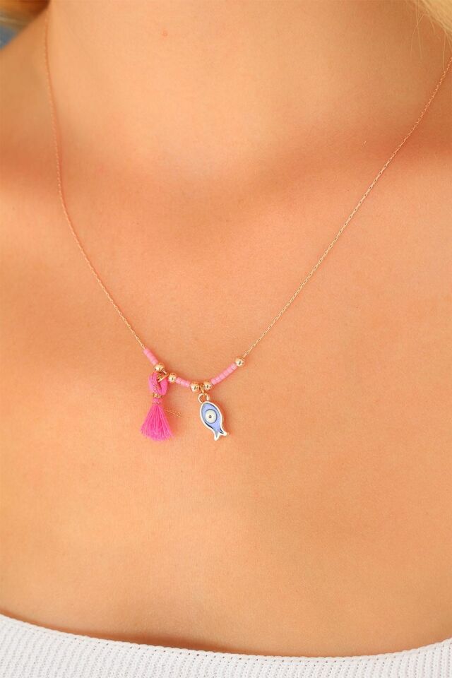 Nazar Boncuklu Pembe Renk Taşlı Rose Bayan Kolye