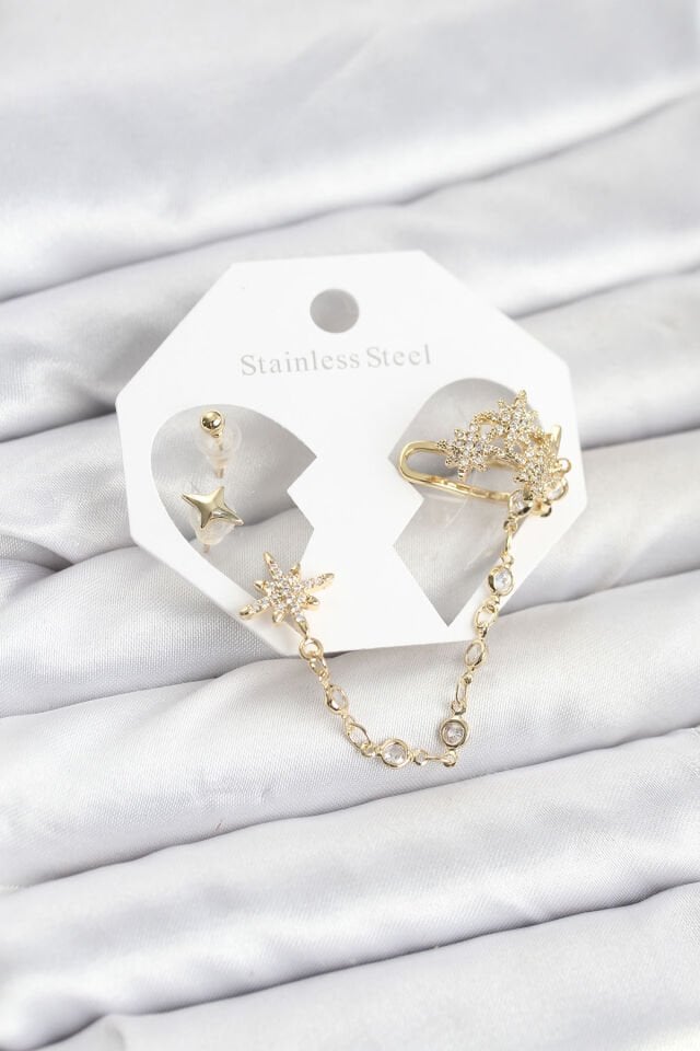 Kutup Yıldızı Model Pirinç Gold Renk Zincir Bağlantılı Ear Cuff Küpe Seti