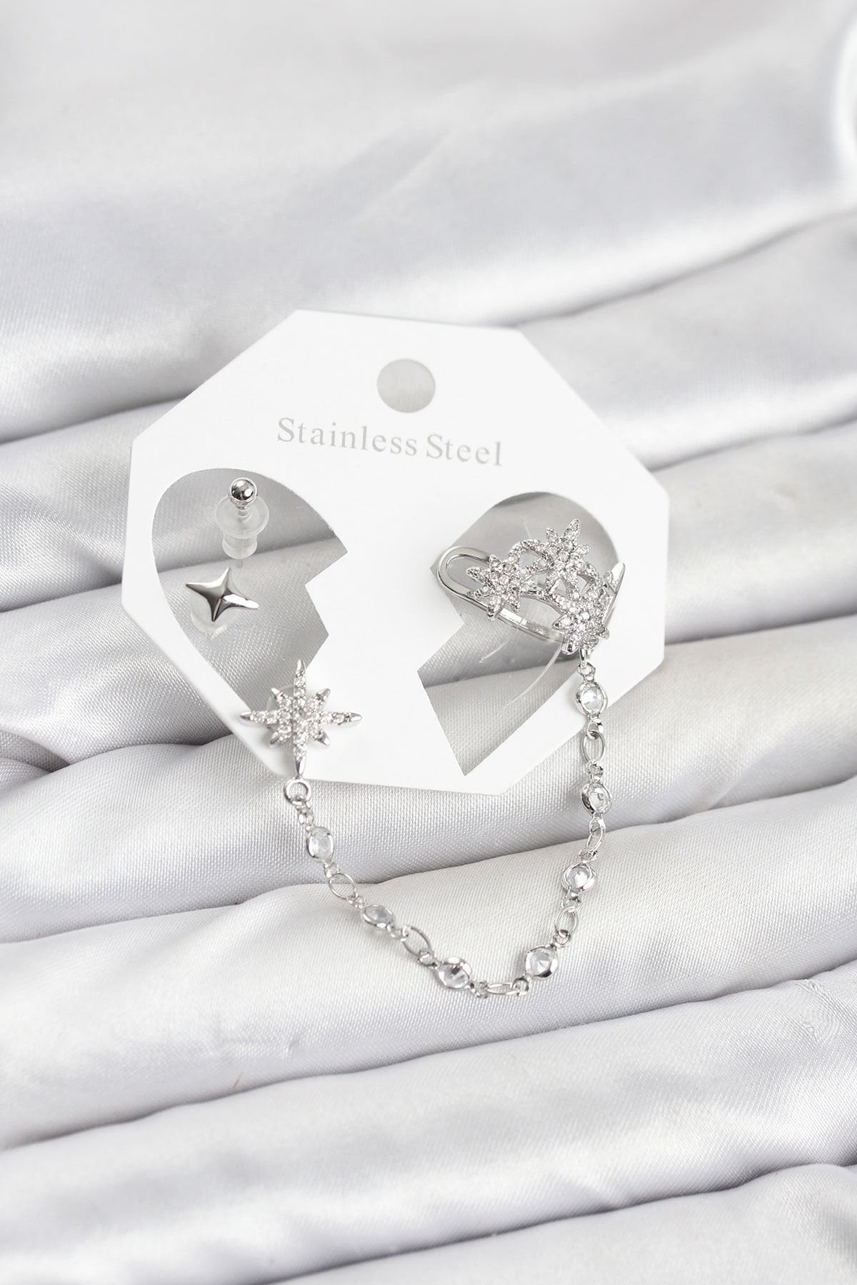 Kutup Yıldızı Model Pirinç Gümüş Renk Zincir Bağlantılı Ear Cuff Küpe Seti