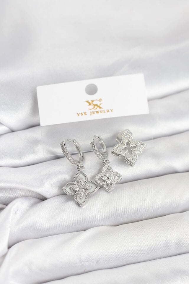 Pirinç Gümüş Renk Yonca Model YSX Trio Küpe Seti