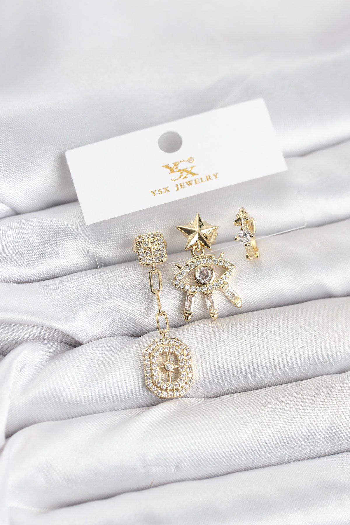 Pirinç Gold Renk Göz ve Kutup Yıldızı Model YSX Trio Küpe Seti