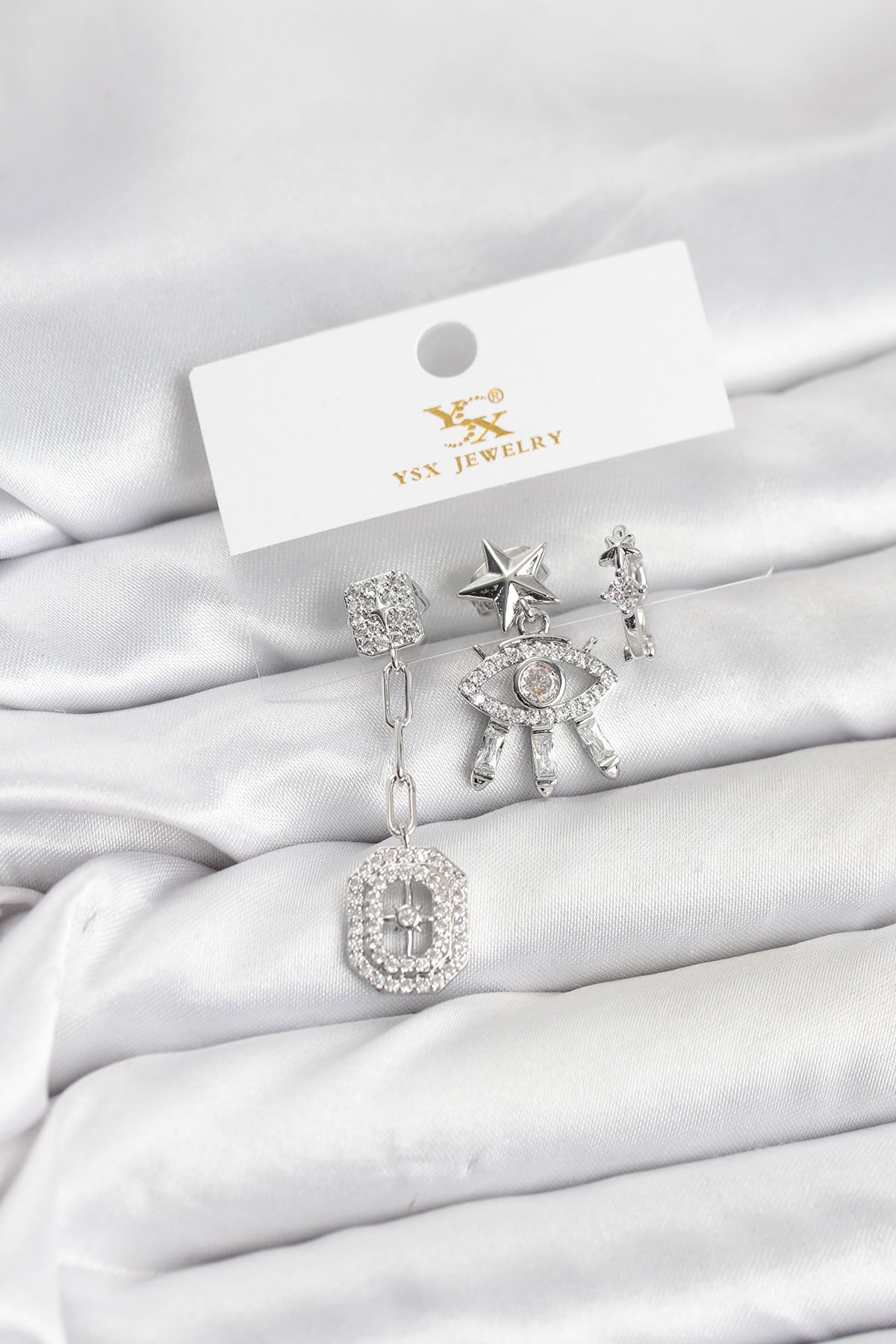 Pirinç Gümüş Renk Göz ve Kutup Yıldızı Model YSX Trio Küpe Seti